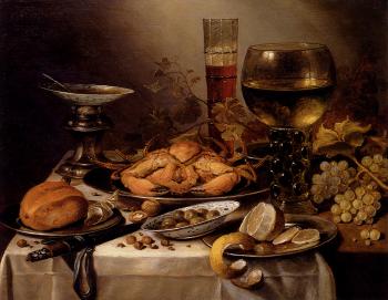 Banquet Still Life With A Crab On A Silver Platter, A Bunch Of Grapes, A Bowl Of Olives, And A Peeled Lemon All Resting On A Draped Table